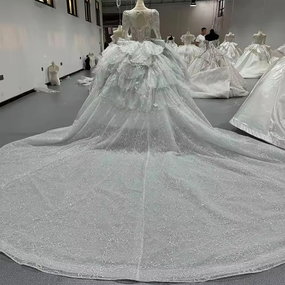 Vestido De Noiva Sereia maniche lunghe colletto quadrato perline abito da ballo di cristallo abito da sposa con buco della serratura sul retro