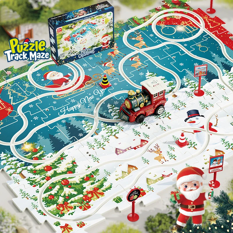 Kids Christmas Puzzles Electric Rail Car Creative Games DIY Assembling Scene Map Rail Train Children Toys Fun Christmas Gifts