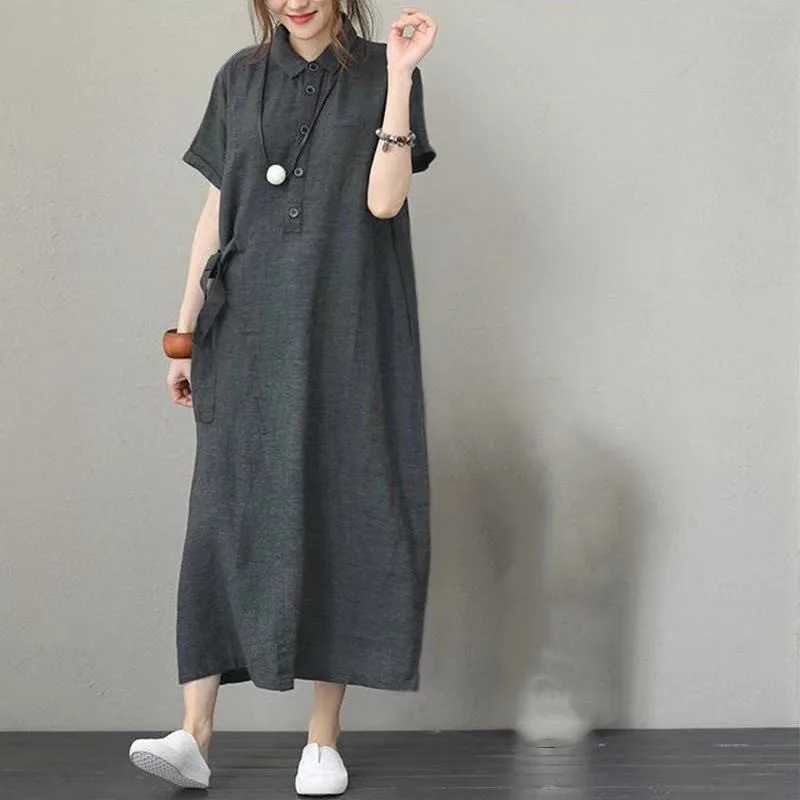 

Button 2023 Summer Cotton Linen Women's Dress Elegant Long Shirt Dress White Casual Female Simple Pure Color Beach Dress S-5X