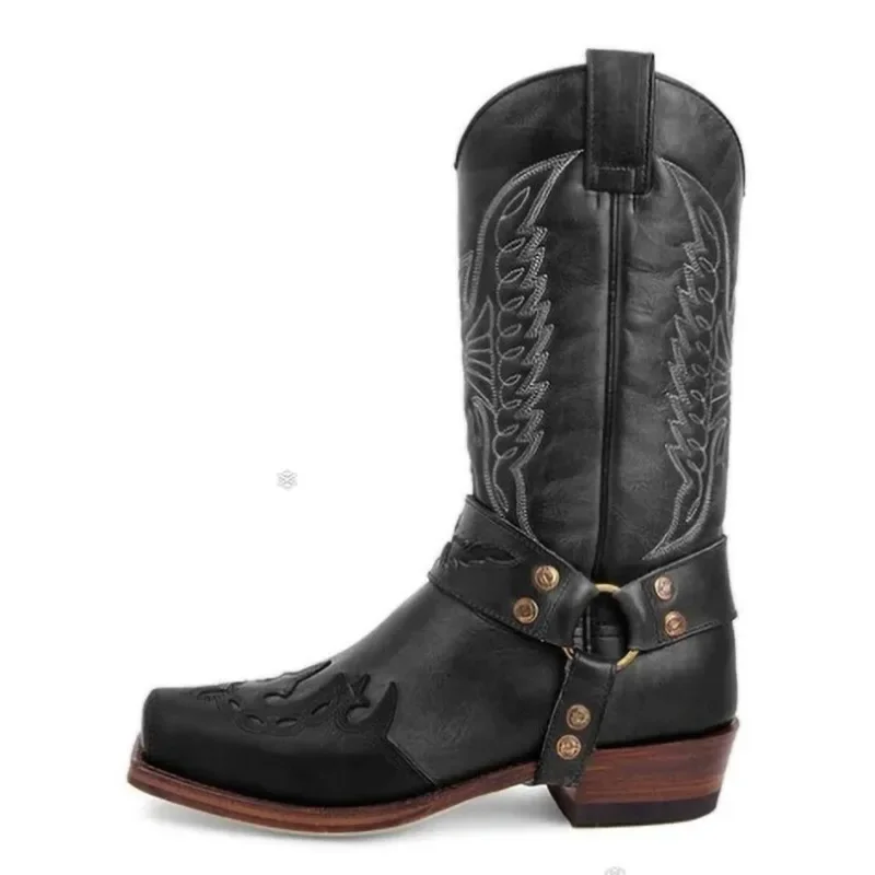 Herren Western-Cowboystiefel mit Quadratischer Zehenkappe, Retro-Stickerei, Halbhohe Ritterstiefel mit Schnallenriemen, Niedriger Absatz, Outdoor-Herrenschuhe Neu 2026 – Detail 3