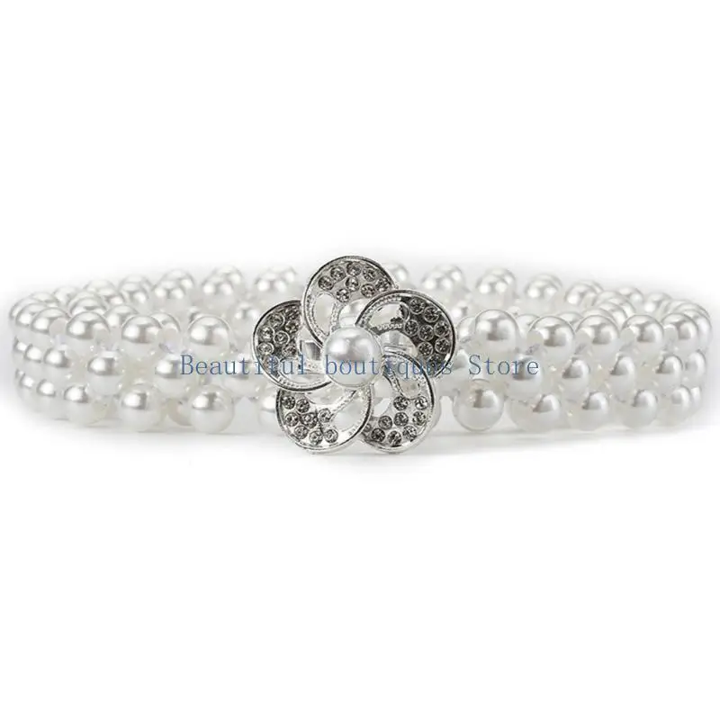 

U4LF Изысканный ремень с жемчугом и стразами Уникальный модный ремень с жемчугом и бисером с ослепительными деталями из страз