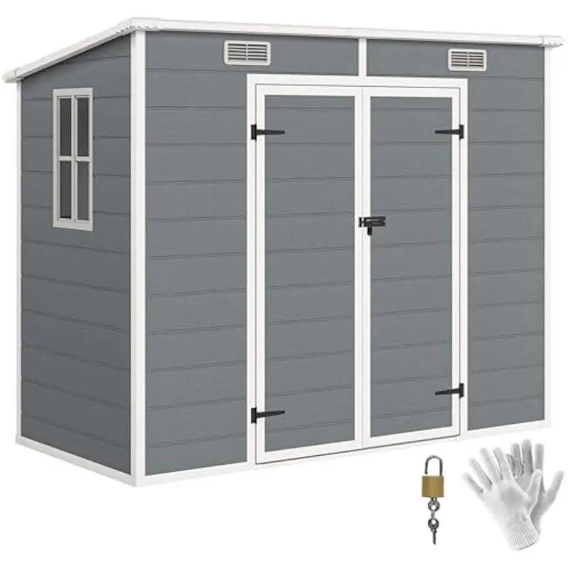 8 ft x 4 ft weatherproof outdoor storage unit with integrated floor base, translucent window panel, adjustable roof vent, dual l