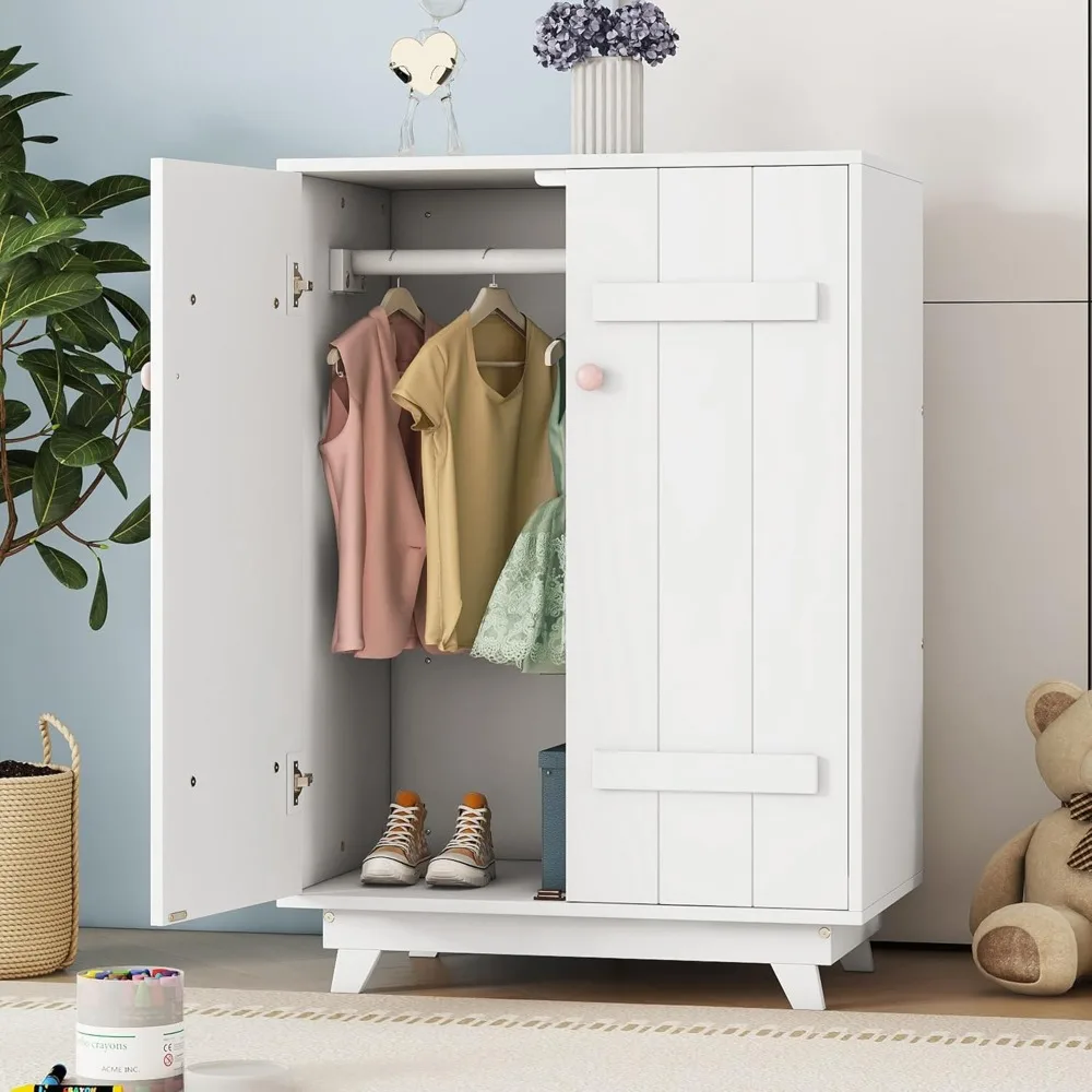 

Kids Armoire Wardrobe with Hanging Rod, 2 Door Wooden Wardrobe Closet Clothes Organizer, 43" H Freestanding Wardrobe