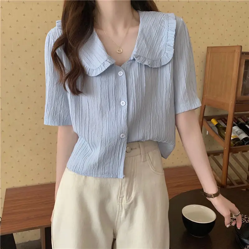 Button Shirts and Blouses Korea Short Sleeve Top Women 2024 Summer Sweet Blouses Elegant Solid Sweet Peter Pan Collar Clothes