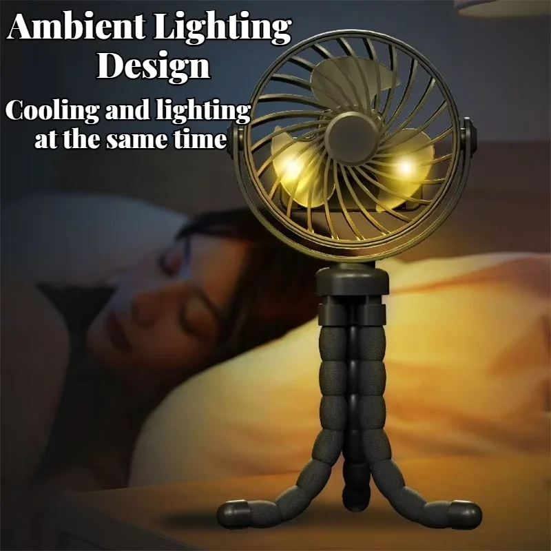 New Portable Octopus Fan with Mini Night Light Handheld and Foldable Oscillating Design for Desktop Home Outdoor Stroller Use
