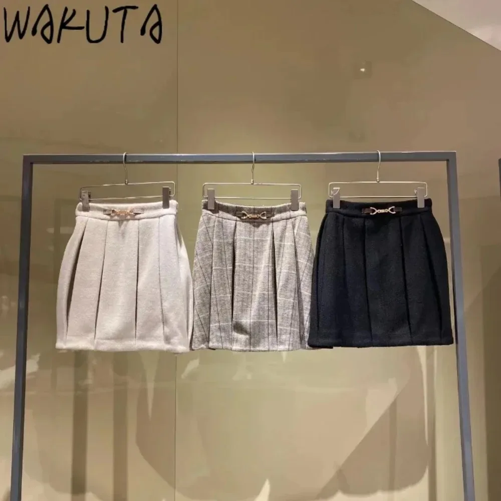 Wakuta Solid Ruched Elegant Sweet Women's Skirts High Waist Temperament Slim Fit Mujer Faldas Japan Fashion All-match Faldas