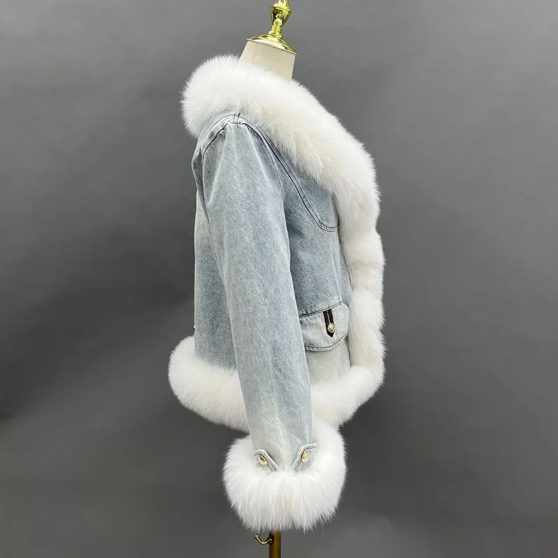 Winter Warm Women's Denim White Goose Down Jackets With Real Fox Fur Collar Lady Korean Fashion Luxury Female Coats Outwear