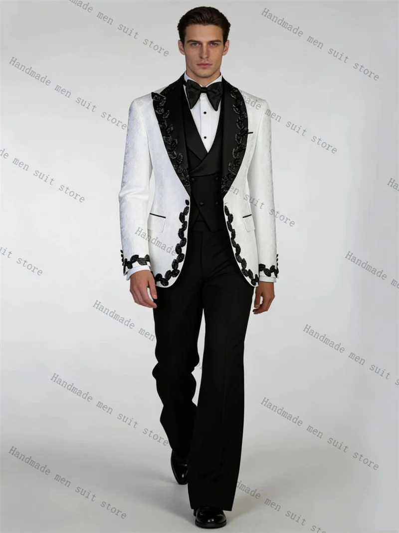 White Black Men Suit Set 2 Piece Crystals Blazer+Cotton Pants Prom Wedding Tuxedos Coat Customized Formal Office Fashion Jacket