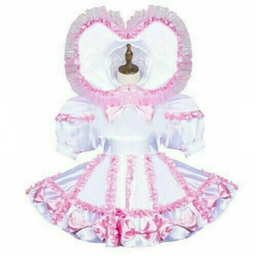 

Pink And White Lace Satin Sissy Dress Lockable Sexy Maid Uniform Customizable Cosplay Privacy Costume for Halloween