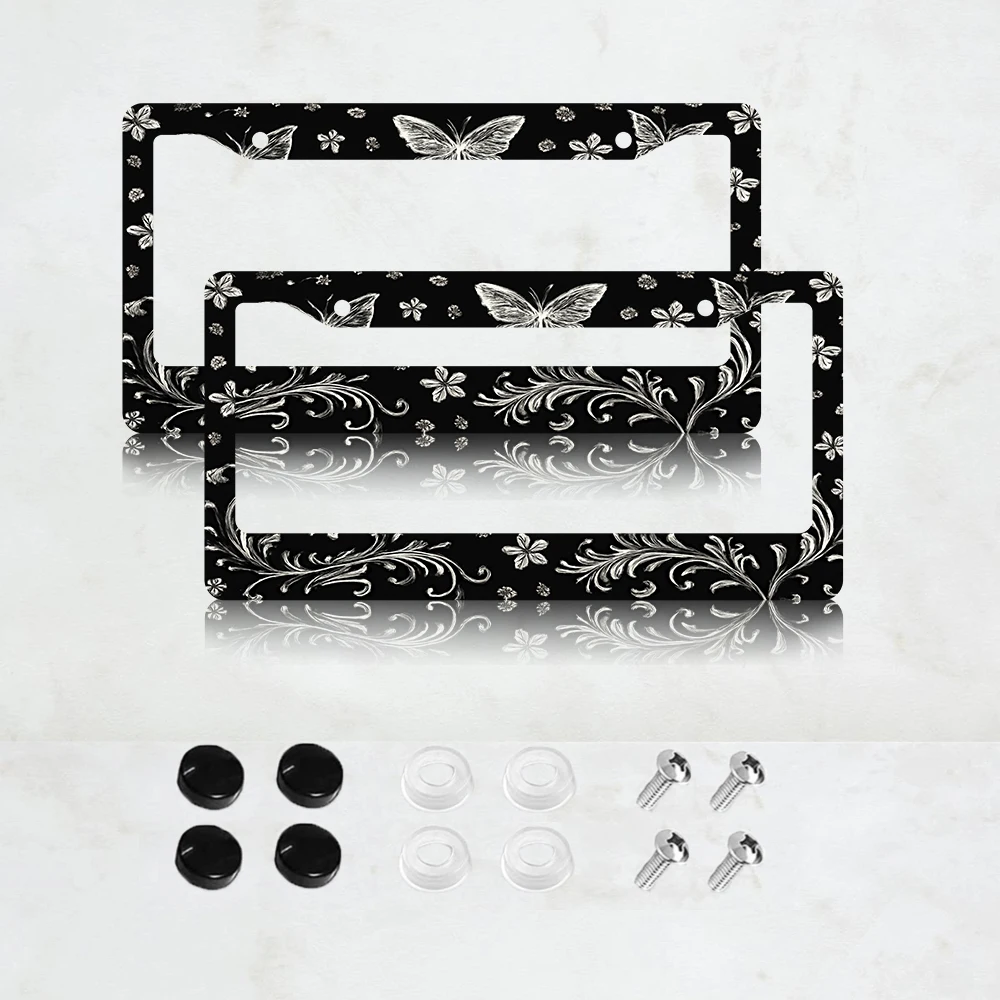

Рамка для номерного знака с 2 отверстиями, 2 шт., черная, с белым цветочным и бабочковым узором, алюминиевая, 6x12 дюймов, с винтами.
