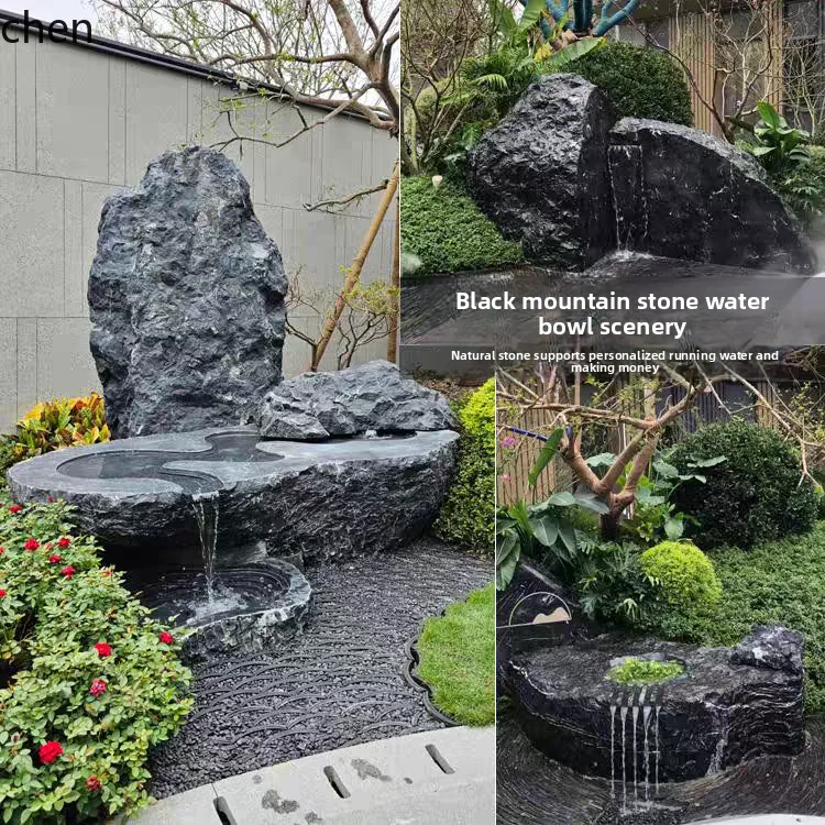 Black Mountain Stone Water Bowl Fake Mountain Water Courtyard Landscape Stone Natural Raw Stone Fish Pond