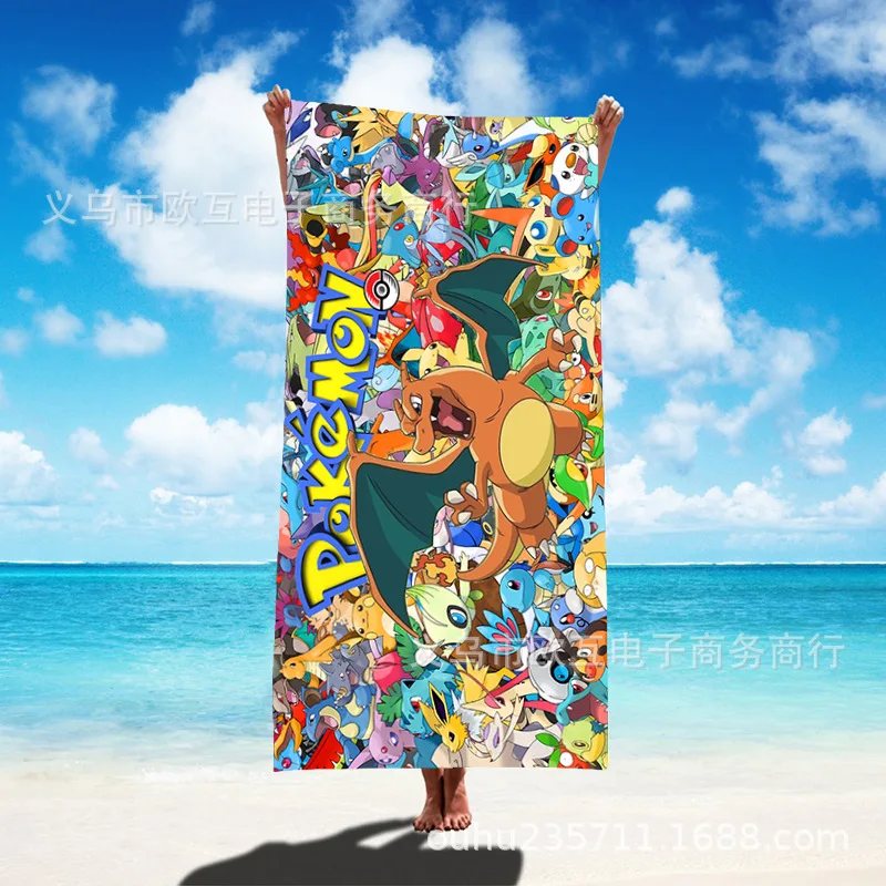 TOMY New Pokemon 60*120cm Kids Beach Towel Cartoon Cute Squirtle Charmander Non-stick Sand Bath Towel Summer Seaside Equipment