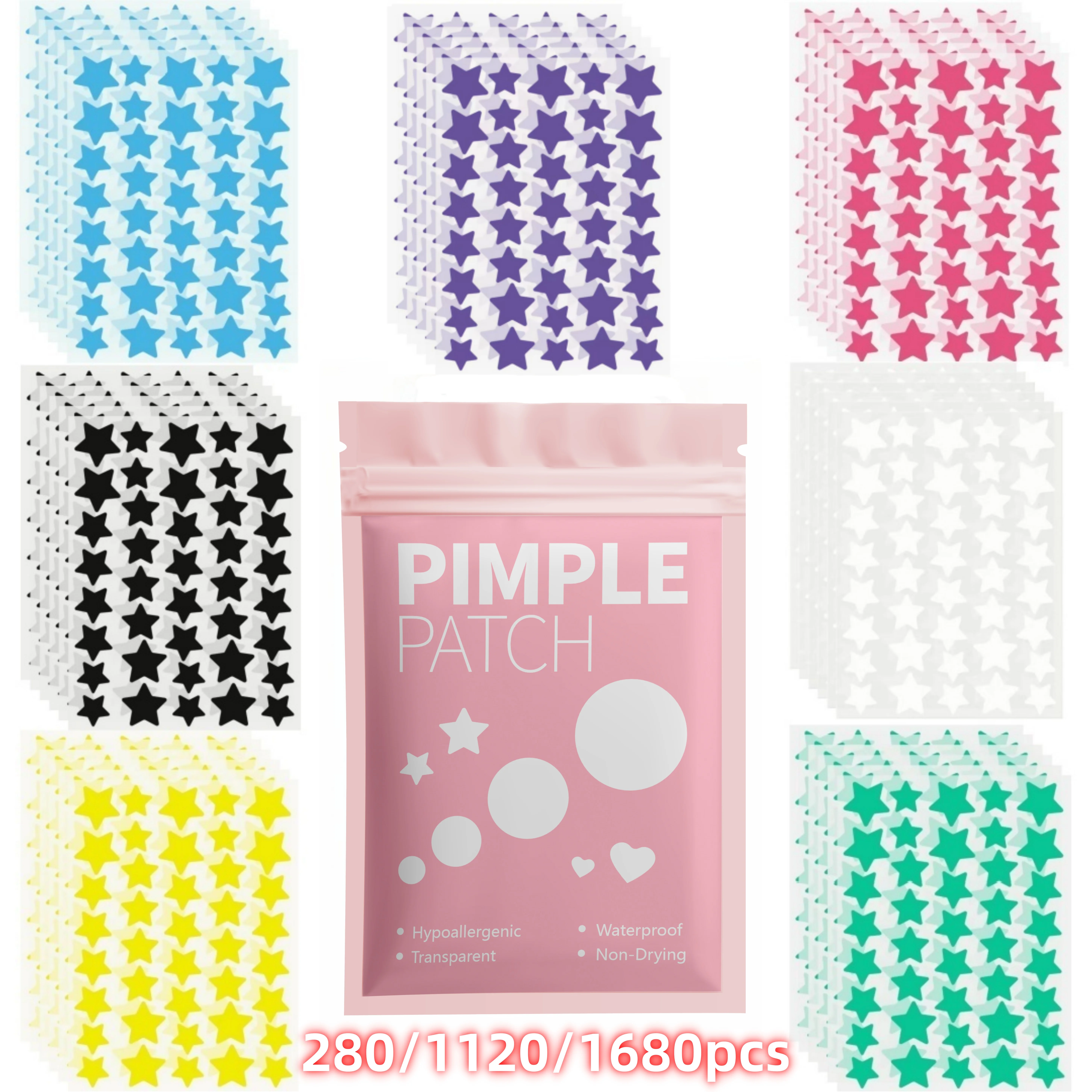 280/1120/1680 piezas de parches para el acné en forma de estrella multicolor, parches faciales para el acné, parches correctores para el acné y parches para espinillas, ultrafinos