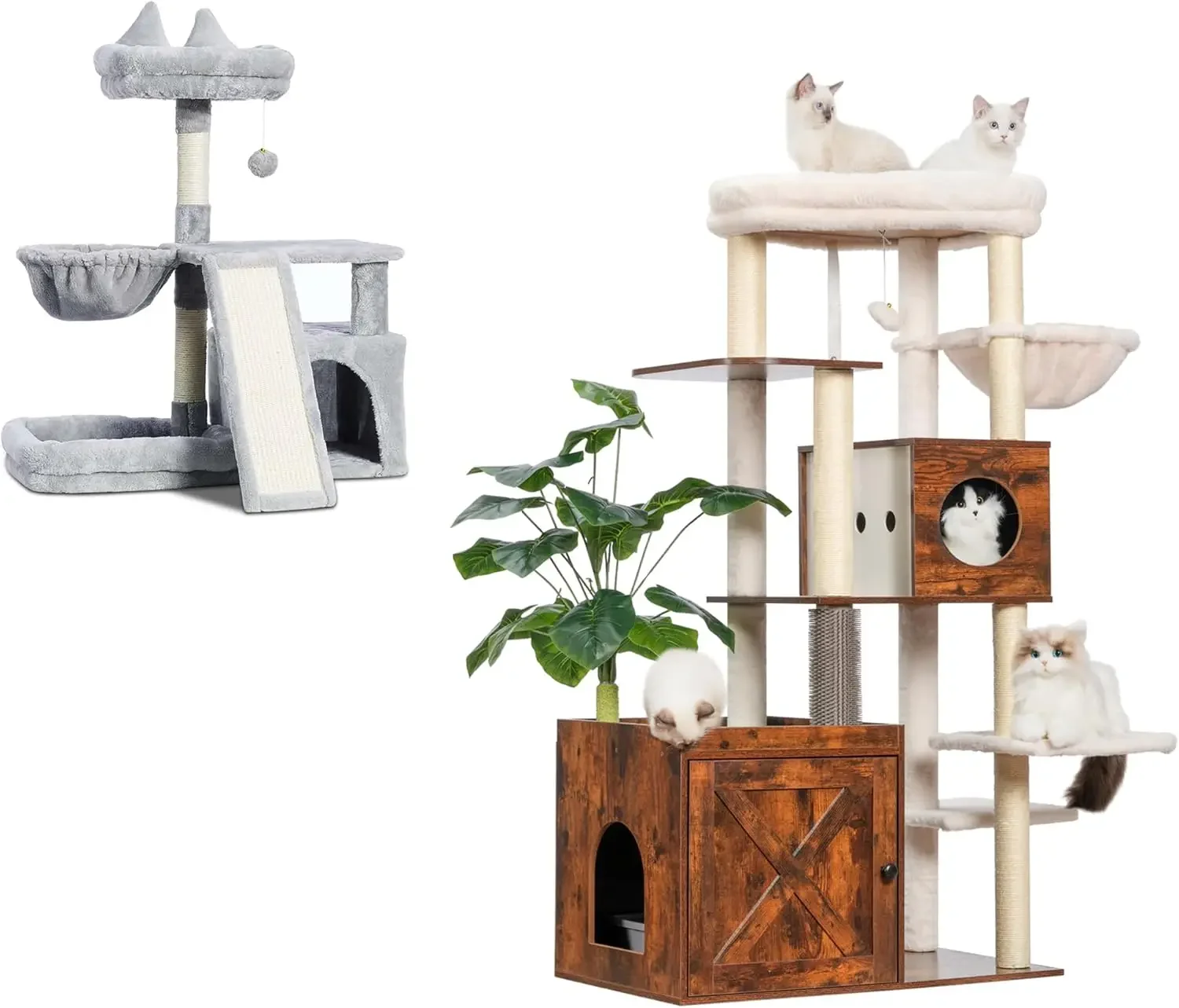 Árbol para gatos con caja de arena, torre grande de madera para gatos, condominio para gatos de interior con jardín de juegos (hoja, césped, gomas para el cabello)