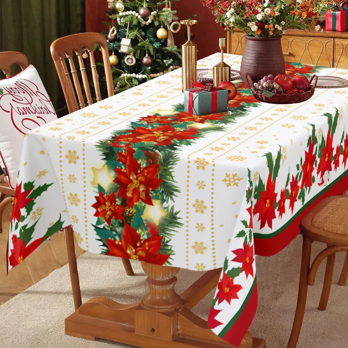 Christmas Tablecloth Holly Xmas Flower Table Cover Christmas Decorations for Home Deco 2024 Navidad Noel Gift Dining Table Decor