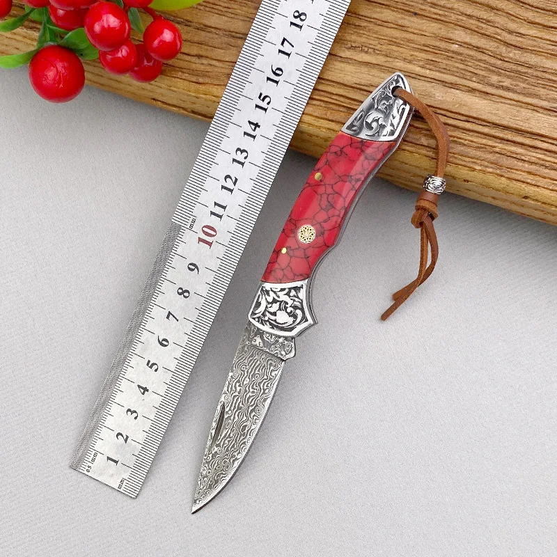 

Damascus Steel Folding Knives Outdoor Camping Tool Knives Portable Handmade Knives Copper head carved red pine stone handle