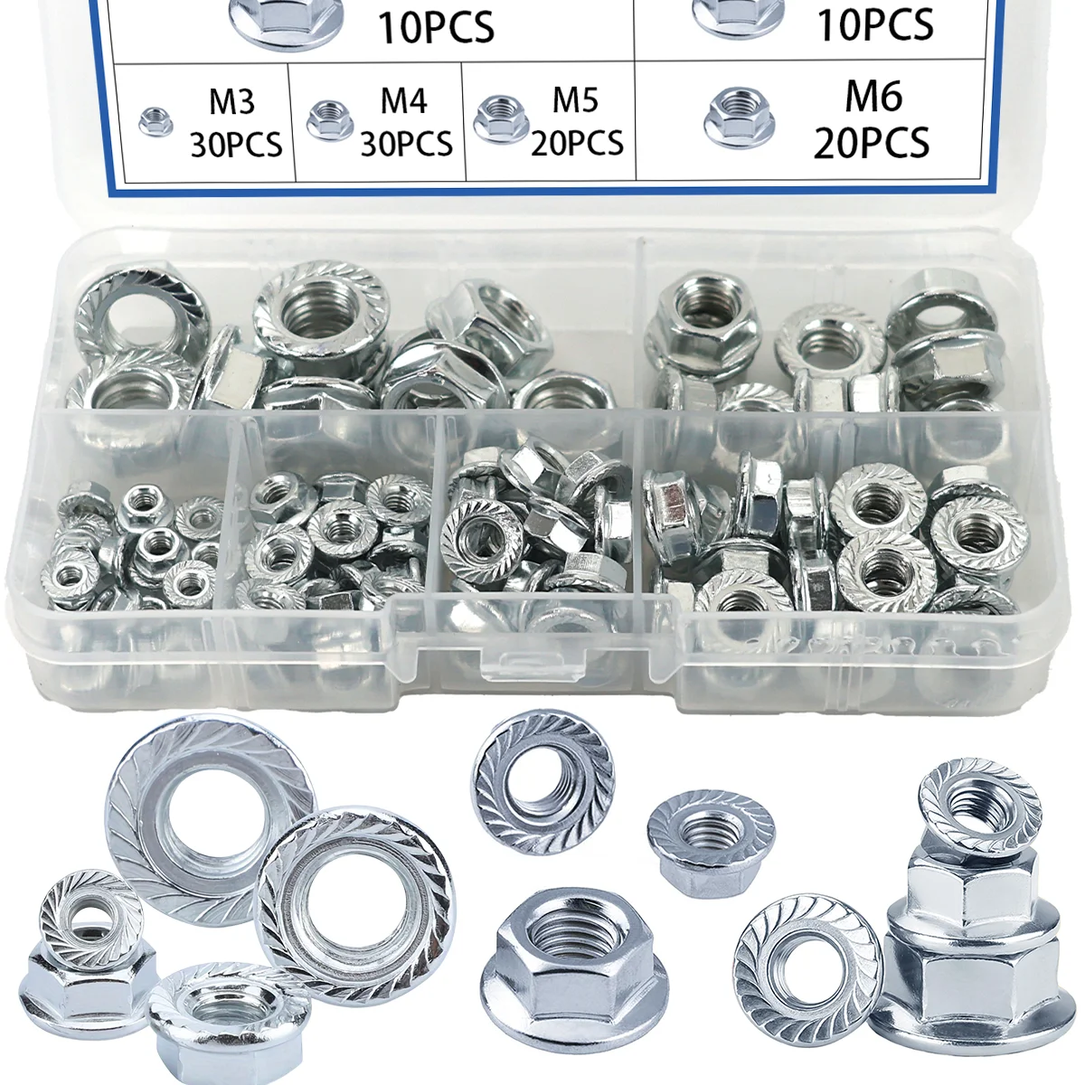 120pcs Hexagon Flange Nuts Galvanized Flange Nuts, Hexagon Anti-slip Nuts, Toothed Flange Anti-loosening Nuts