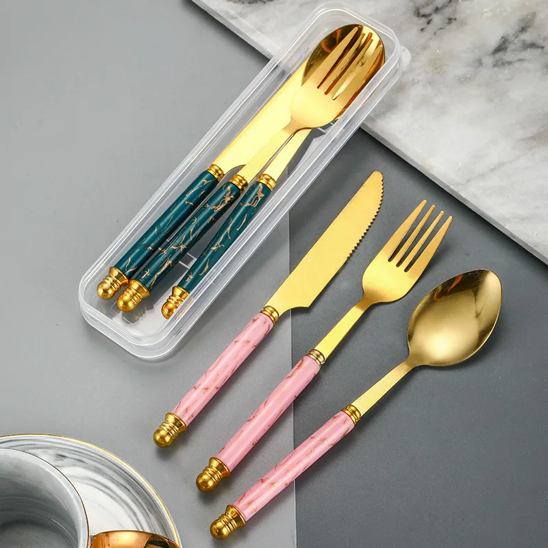 3Pcs Stainless Steel Cutlery Set, Marble Pattern Knife Fork Spoon Western Tableware view 3
