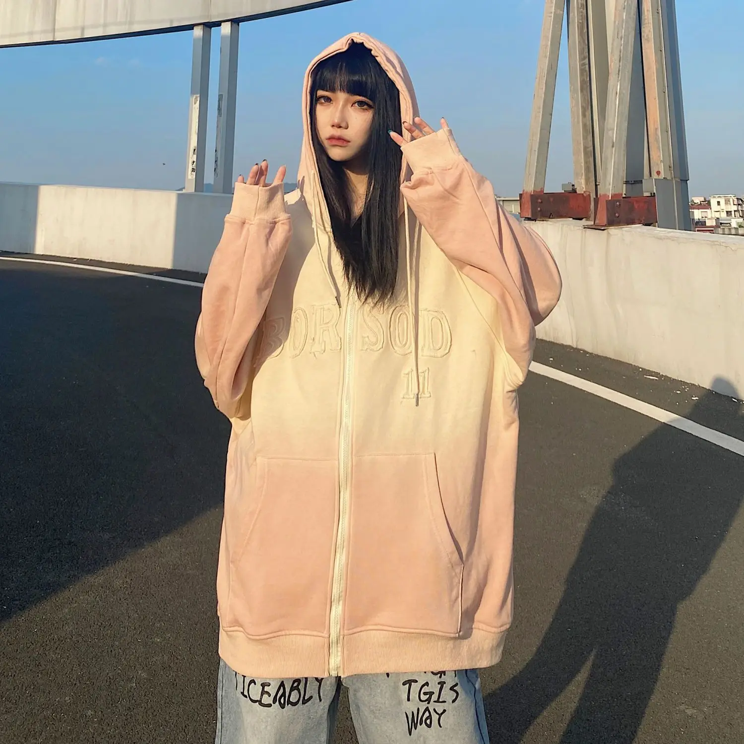 

Gradient Hooded Sweatshirt Cardigan Letter Embroidery Retro 2924 Autumn Winter New Women'S High Street Niche Loose Jacket