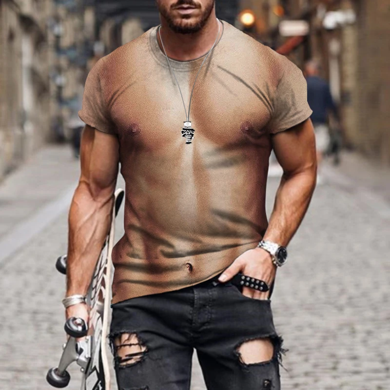 2022 Men\'s 3D Printing T-Shirt Fake Muscle Body Gentleman Round Neck Short Sleeve Street Fashion Handsome Oversized Shirt