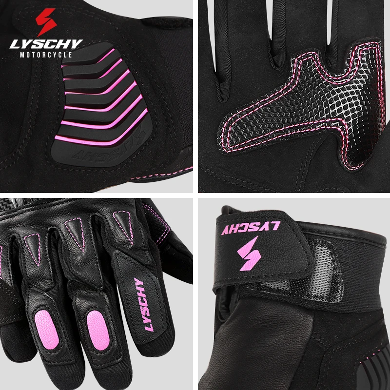 LYSCHY Pink Women Leather Gloves Vintage Padded Warm Winter Gloves Touch Screen Anti-slip Full Finger Gloves XS-M