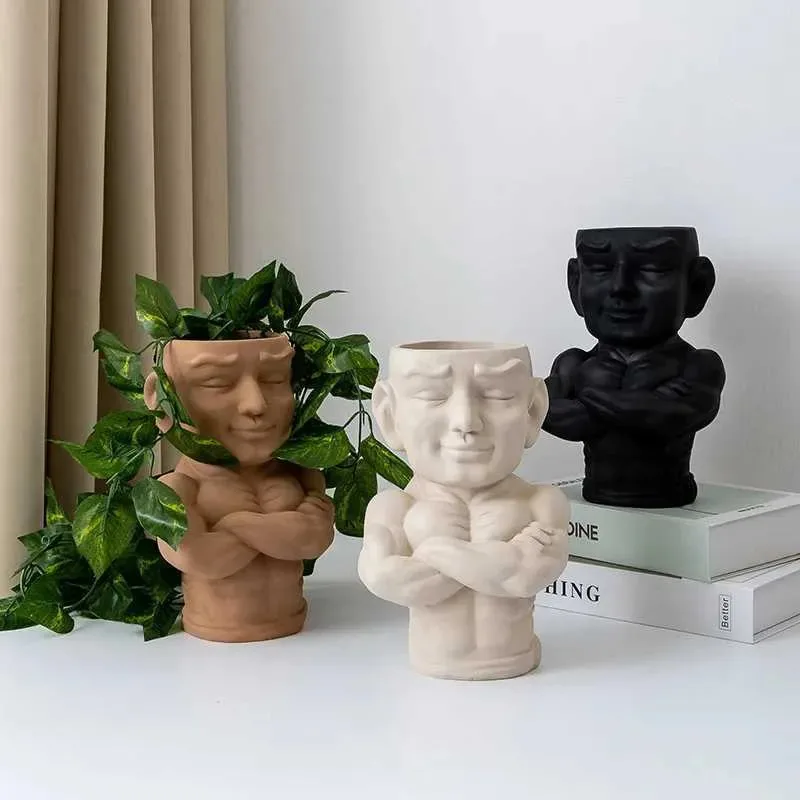 

Planters Pots Nordic Resin Muscular Male Flowerpot Art Plant Potted Container Succulent Pot Figure Statue Gardening Decorative V