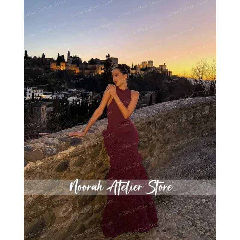 Deep Purple Elegant Evening Dress with High Neckline and Layered Ruffles | Fitted Bodice and Mermaid Silhouette | Sleeveless Ope