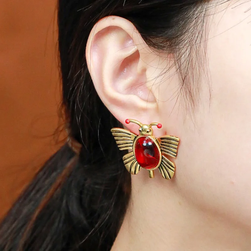 

Bobokiki Jewelry Fashion Enamel Butterfly Titanium Steel Micro-Inlaid AAA Ruby Silver Needle Luxury Palace Retro Earrings