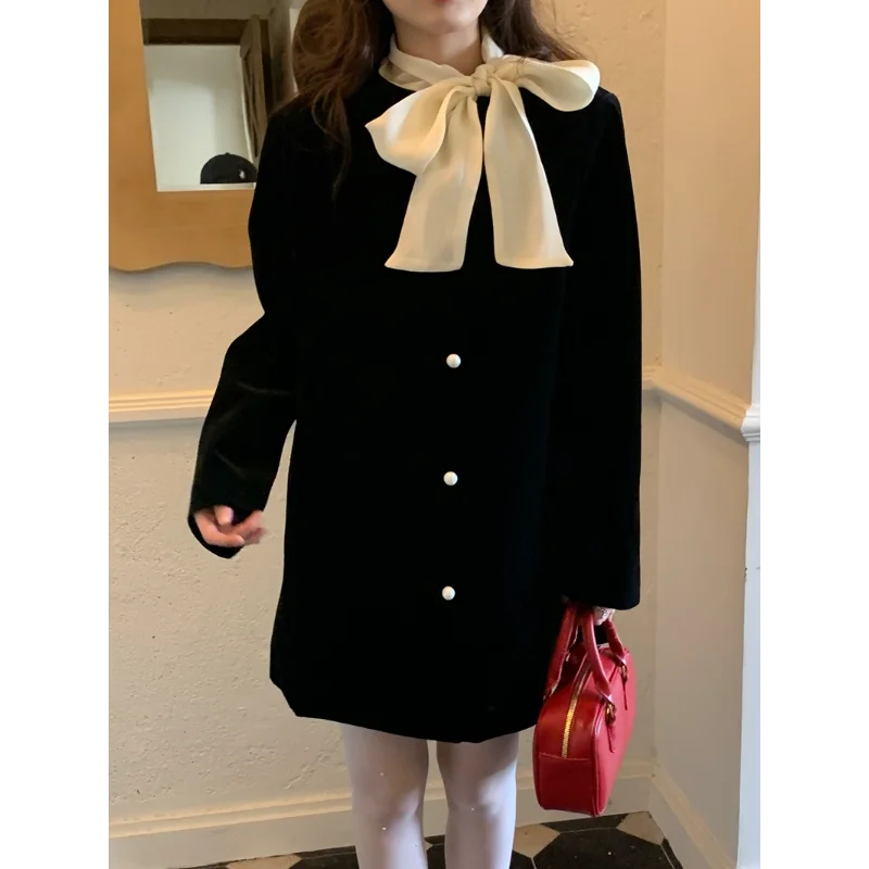 

Французское милое контрастное платье с бантом и бабочкой, ароматное пальто, женское модное свободное черное элегантное универсальное короткое платье