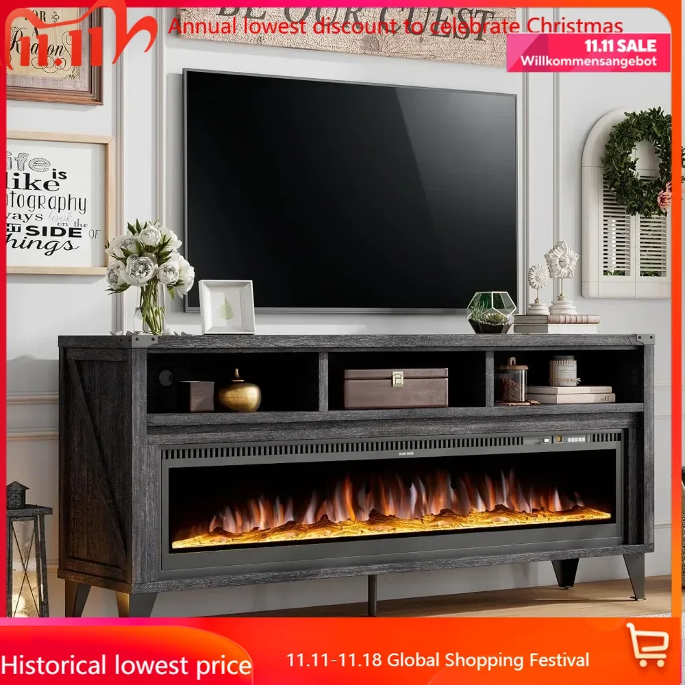 

65" Fireplace TVs Stand with 60" Glass Electric Fireplace, Industrial & Farmhouse Media Entertainment Center with Open Shelve