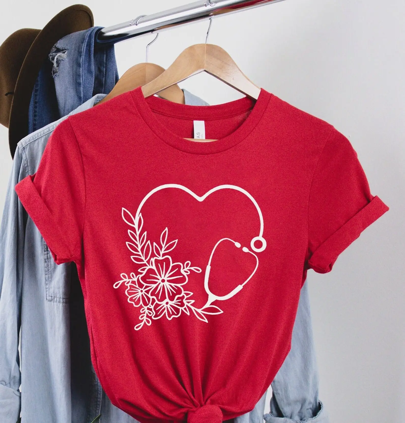 Медсестринская Цветочная футболка, любовь, стетоскоп, уход за здоровьем, работник жизни Rn Week Cna