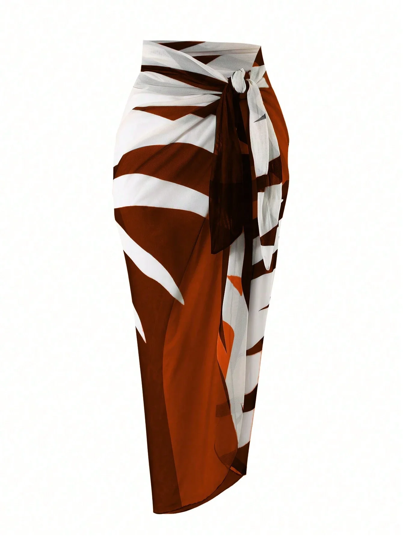 

Женский комплект из двух предметов: купальник и полосатый саронг-накидка, оранжево-коричневый