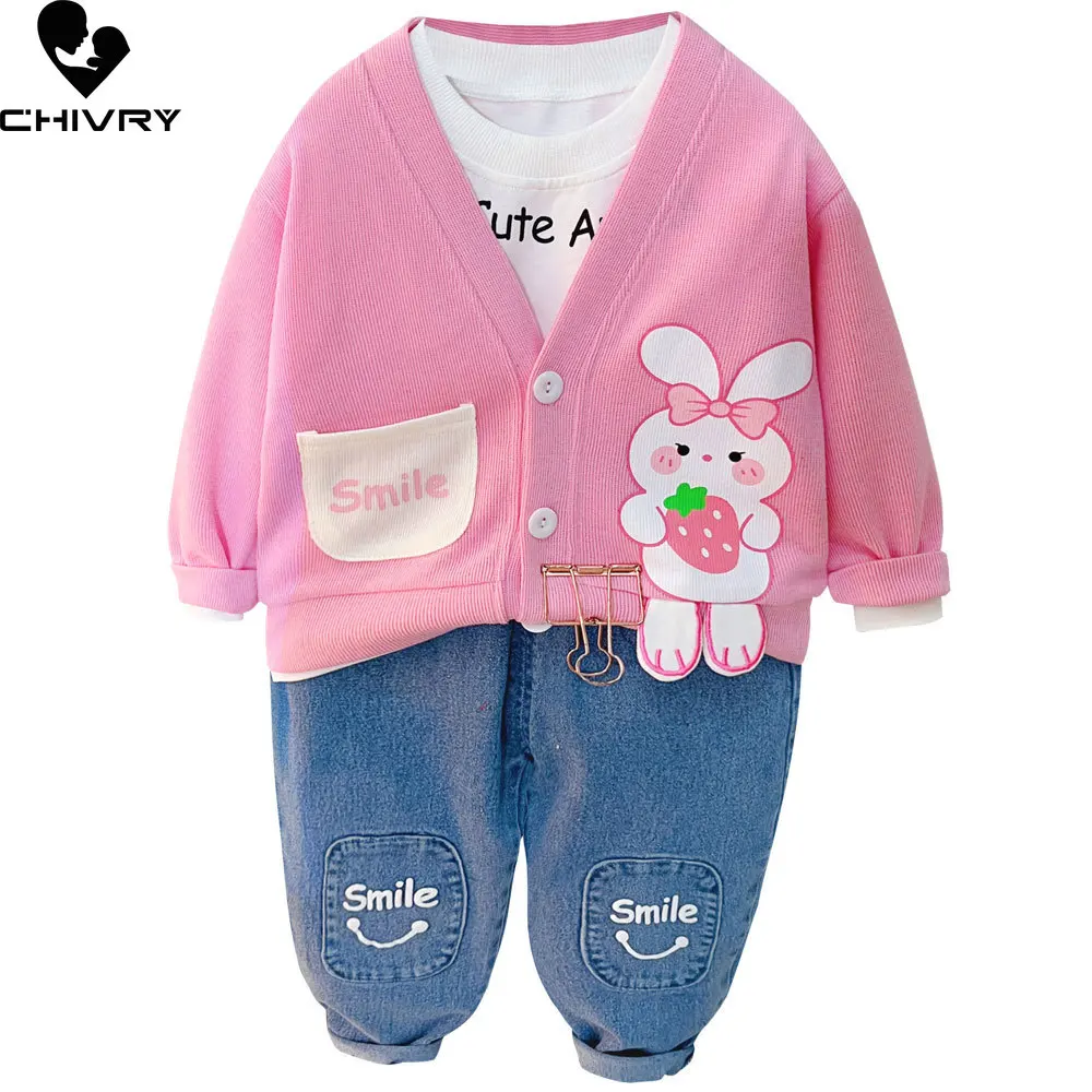 Sweter kardigan kartun lucu mode musim gugur bayi anak-anak baru Sweatshirt dengan celana anak laki-laki anak perempuan set pakaian tiga potong