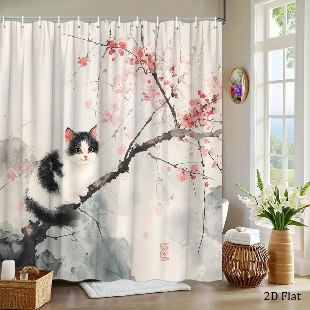 

Black and white shower curtain with kitten and cherry blossom pattern, machine washable polyester fabric, bathroom decoration.