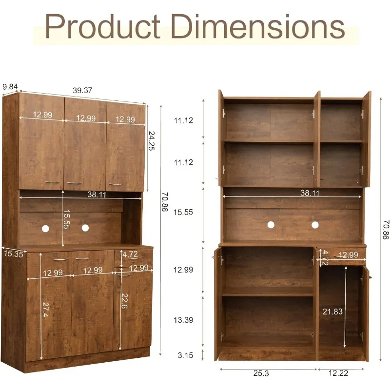 Kitchen Pantry Cabinets with 6 Doors and 3 Adjustable Shelves, 71