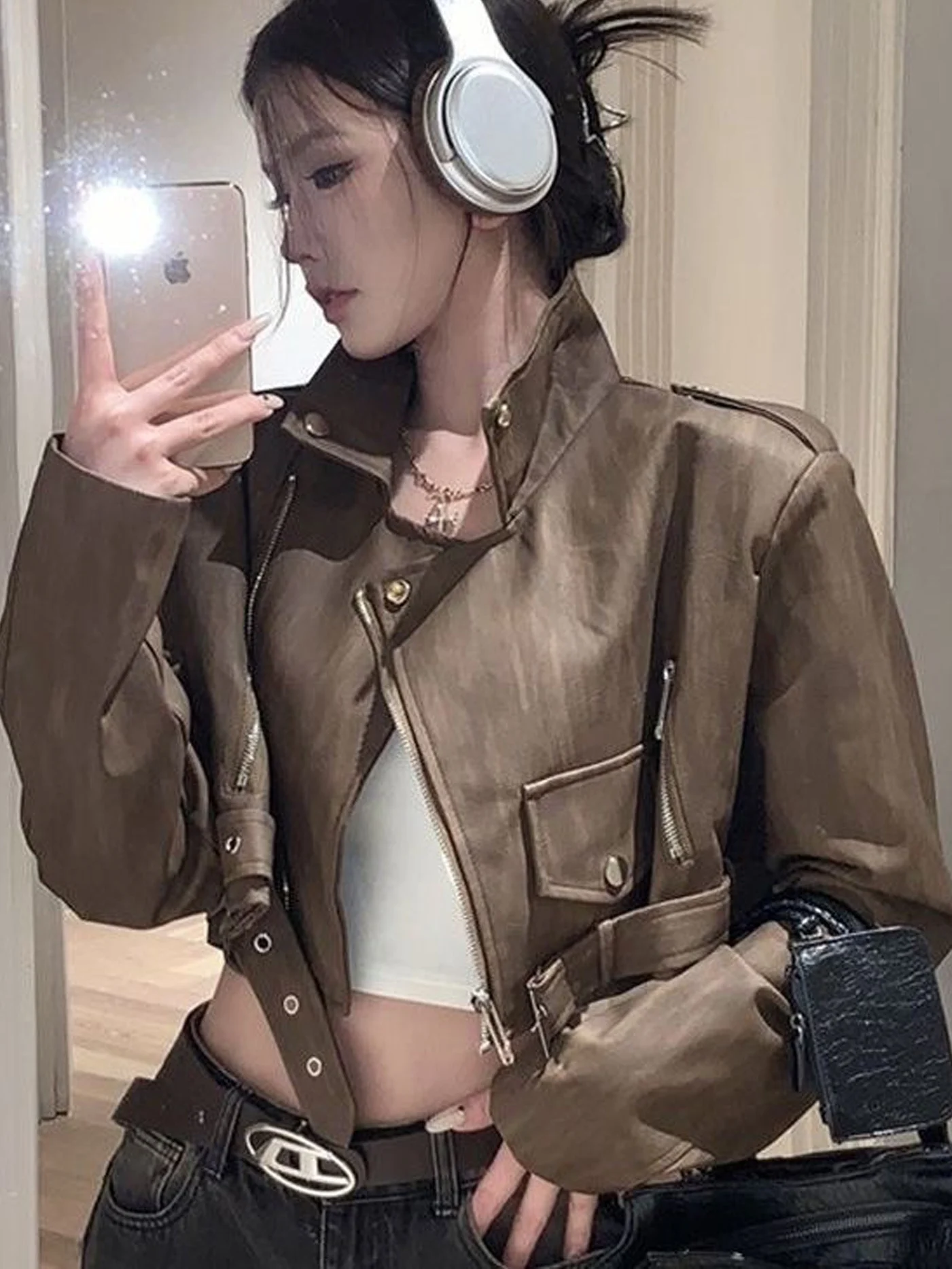 Retro Brown Leather Jacket Women's American Functional Style Loose Short Design Sense Motorcycle Clothes Autumn Season