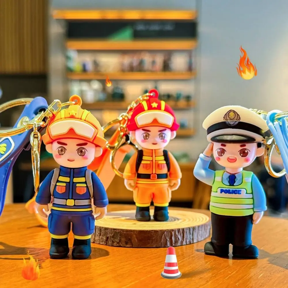 Cute Fireman Keychain Fashion Creative Police Doll Pendant Key Ring Three-dimensional Action Figure Car Key Chain Bag Hanging