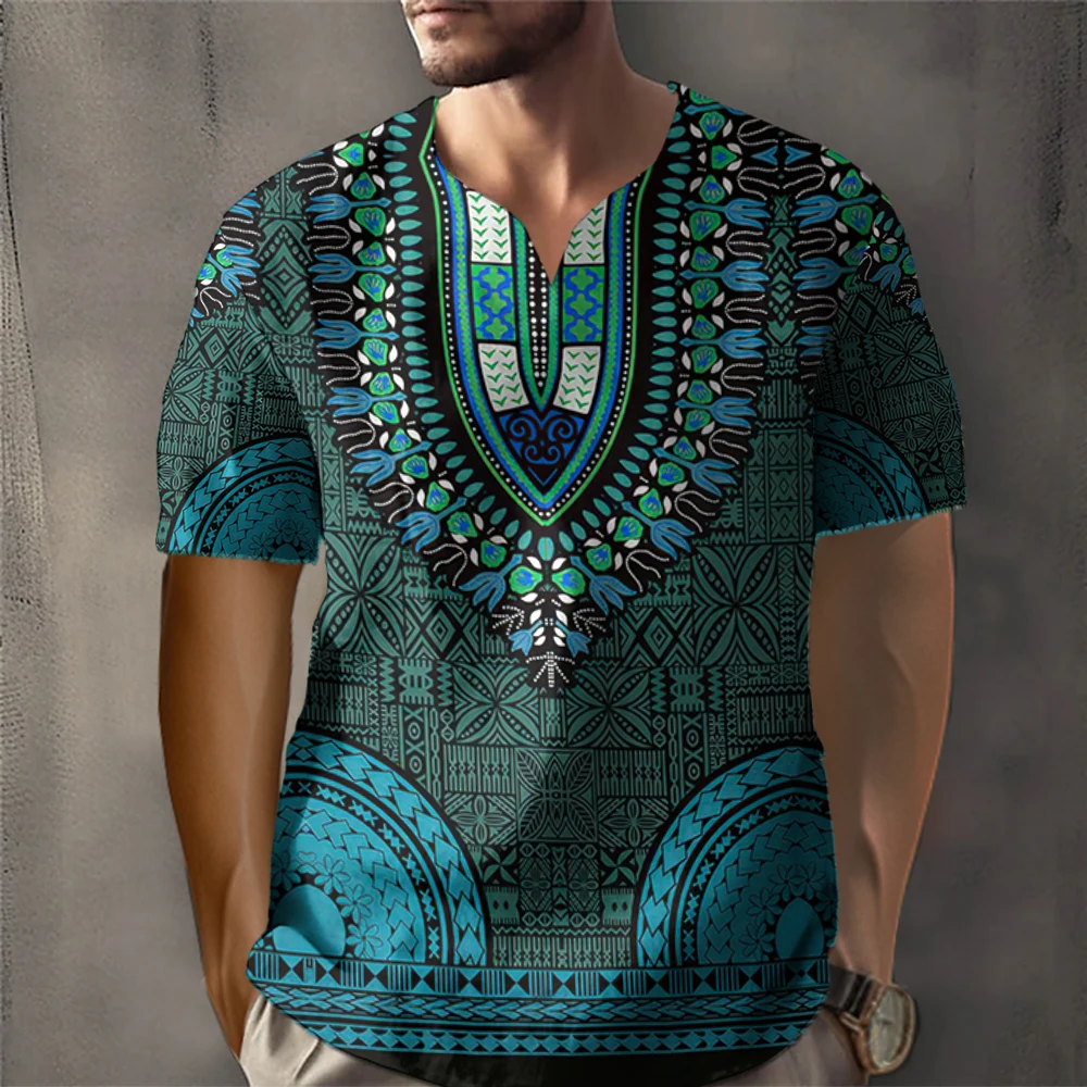 Dashiki T-Shirt For Men 3d Print Ethnic Short Sleeved Tshirt Oversized Striped Pattern Tees Tops Loose Casual Men\'s Clothing XL