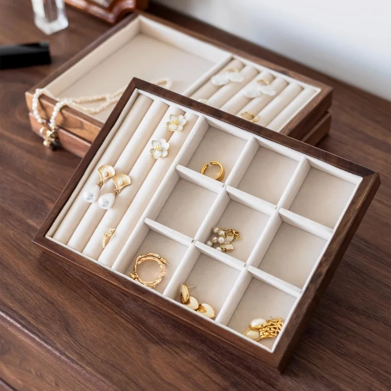 الجوز الأسود علبة مجوهرات فاخرة الرجعية حلقة تخزين صواني المجوهرات مكافحة القلائد سوار عرض البليت مجوهرات المنظم