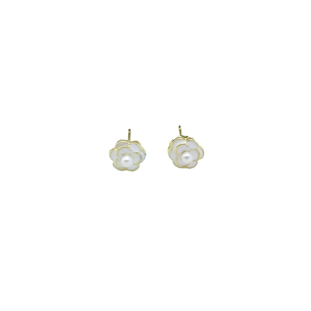 Mini Camellia Flower White Black Enamel Stud Earrings for Women Sweet Geometric Brincos Jewelry Wholesale Summer Girl Gift