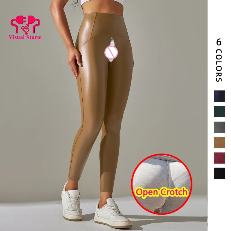 Vrouw Open Kruis Sexy Legging PU Hoogbouw Flash Verborgen Ritsen Lederen Clubwear Slipje Crotchless Broek Outdoor Broek