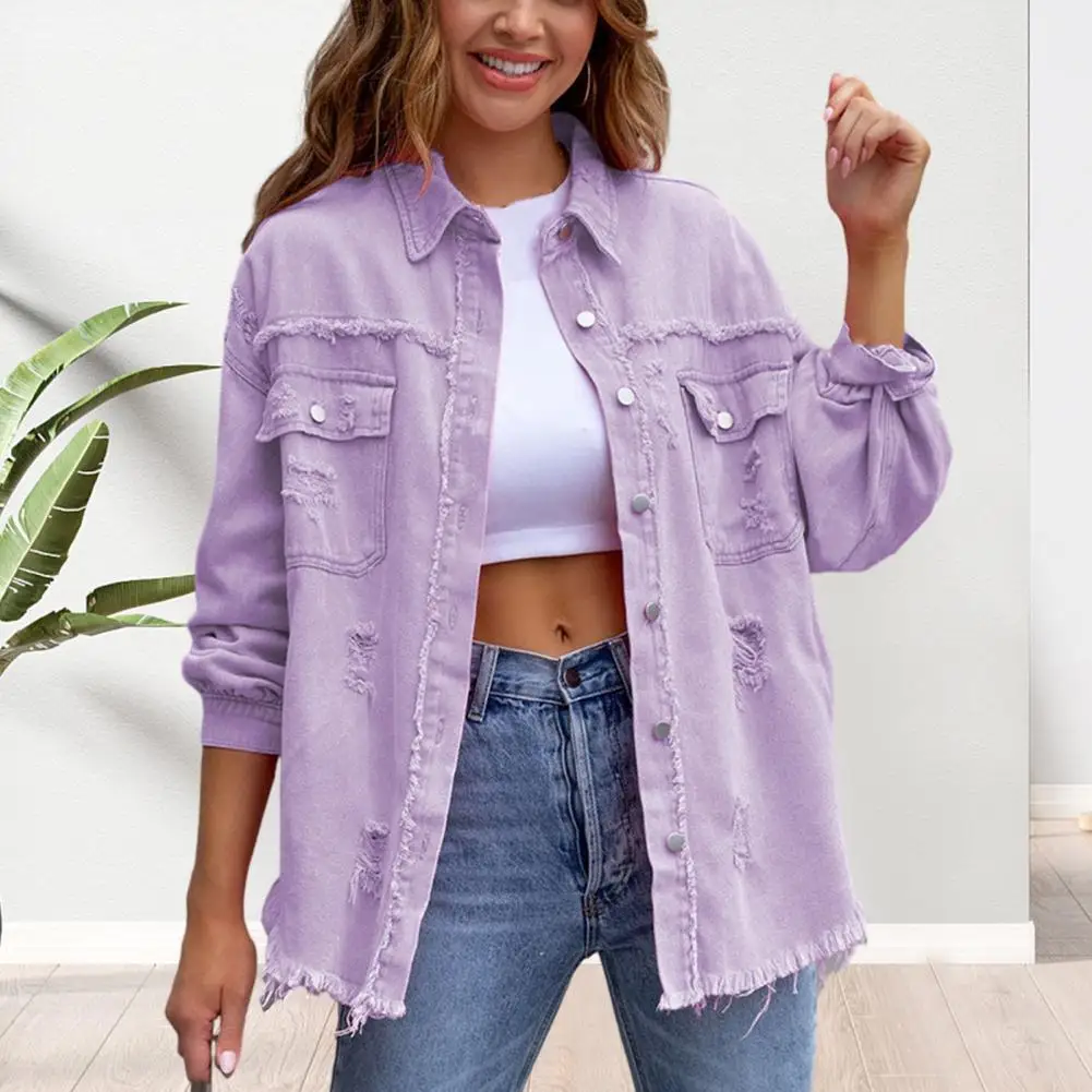 Women's Fashion Casual Ripped Distressed Denim Jacket Boyfriend Jean Coat Long Sleeve Button Down Trucker Jacket