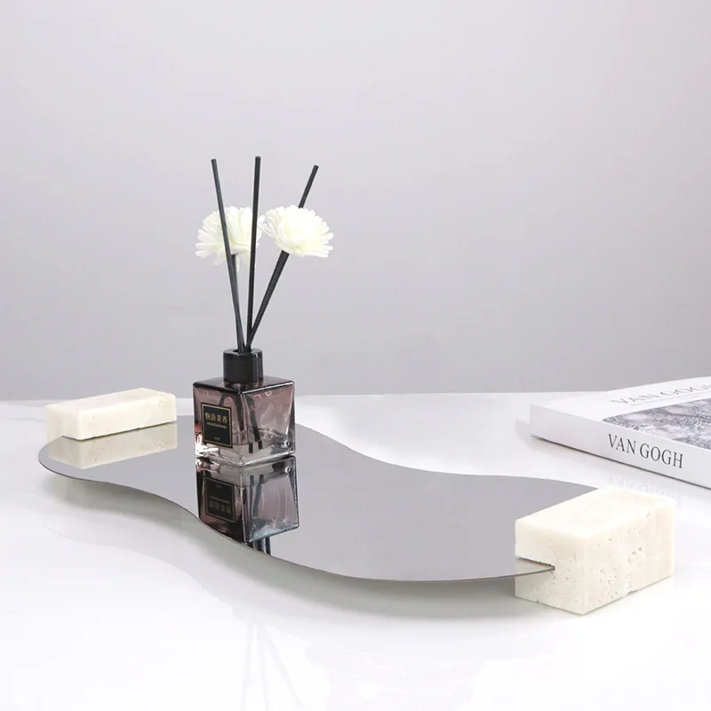 

Oval tray simple modern travertine metal stainless steel mirror geometric ornament model room coffee table decoration