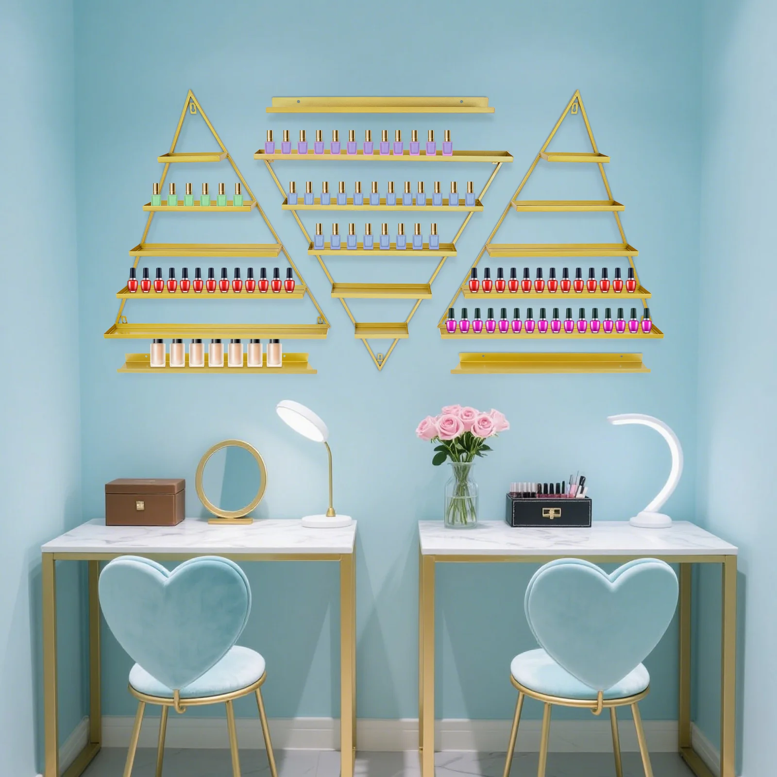 

Wall-Mounted Nail Polish Rack Set of 6, Gold Triangular Cosmetic Display Shelves for Nail Polish, Perfume Bottles Organizer