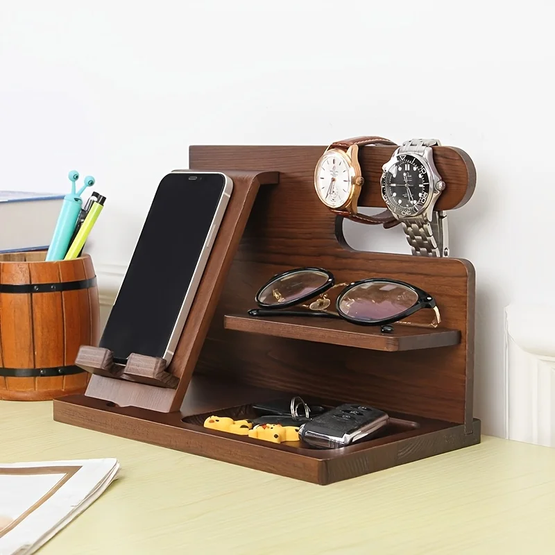 

Solid Wood Phone Stand & Organizer for Men – Multifunctional Nightstand with Charging Cable Slot, Compartments for Wallets, Glas