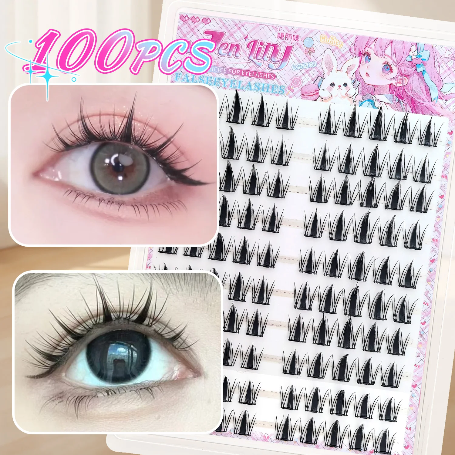 100 pezzi di ciglia finte senza colla Little Rabbit, facili da applicare, adatte ai principianti, riutilizzabili, morbide e confortevoli per il trucco quotidiano