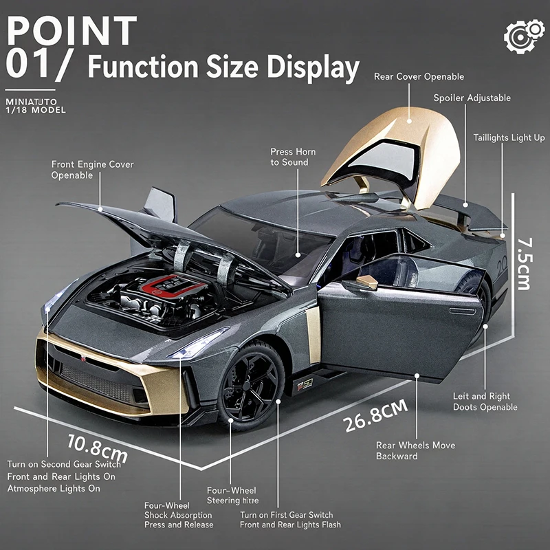 GTR Diecast Model Car Alloy Sports Car Toy Sound Light 1:18 Pull Back Alloy Toy Car Shock Absorber GTR Car Collectible Vehicle