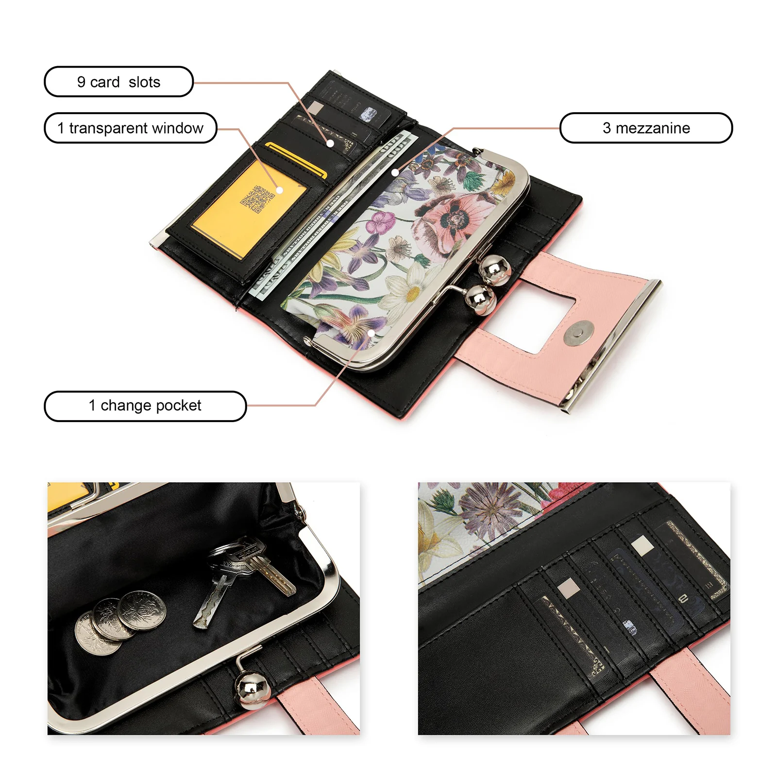 Women Wallet Leather Large Capacity Handbag Long Purse 10-card slots and clips Zero SY5025