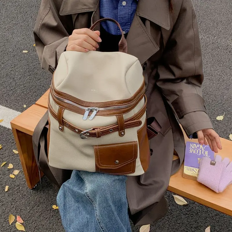 

England Style Color Block Pocket Backpack Women Simple Large Capacity Luxury Bags Ladies Everyday Commuter Travel Mochilas Mujer