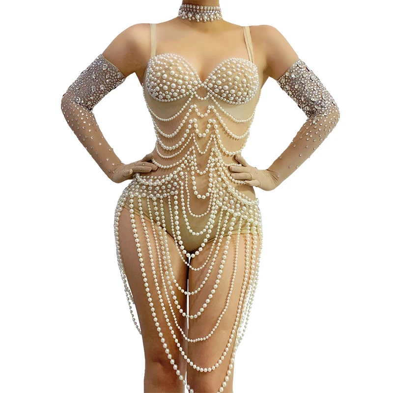 

Women Clothing White Pearl Chain Party Dress Nightclub Bar Dj Perforamnce Stage Costumes Gogo Dancers Drag Queen Dress DN16818